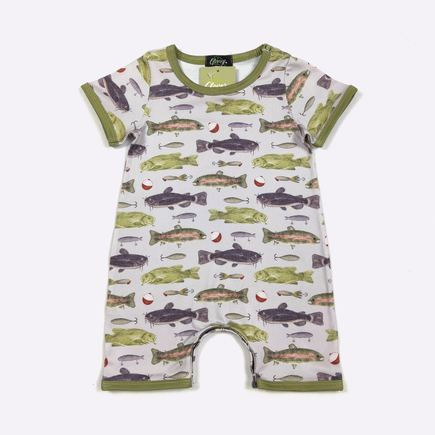 Catch of the Day Boy Romper | Fish Print Baby Boy Summer Romper by Clover Cottage