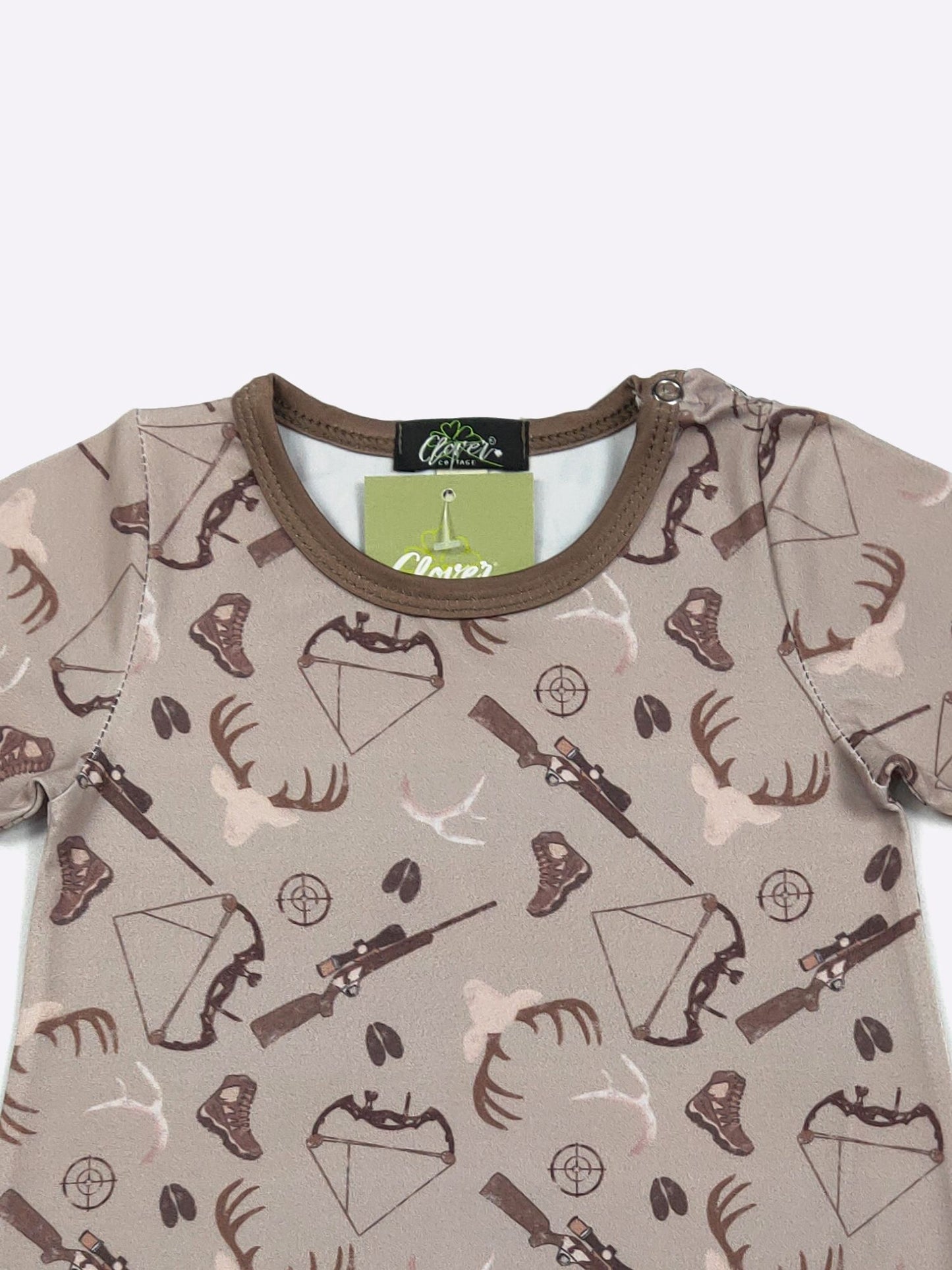 DeeDeer Hunt Boy Romper | Hunting Print Baby Boy Summer Romper Clover Cottage