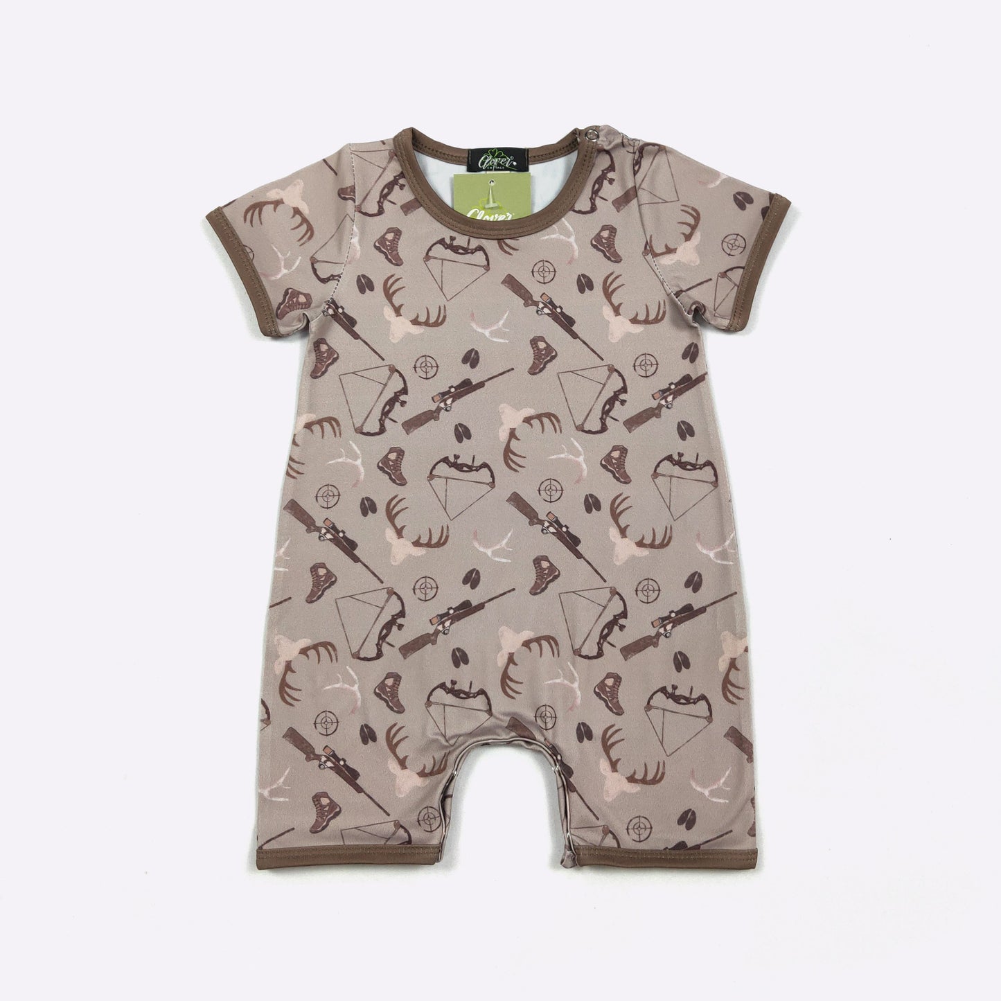 DeeDeer Hunt Boy Romper | Hunting Print Baby Boy Summer Romper Clover Cottage