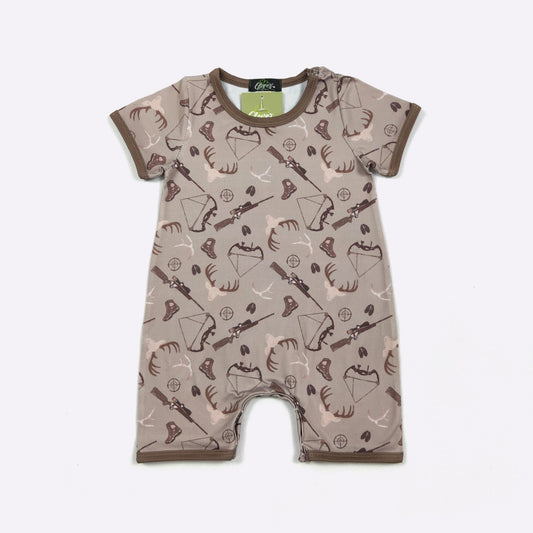 DeeDeer Hunt Boy Romper | Hunting Print Baby Boy Summer Romper Clover Cottage
