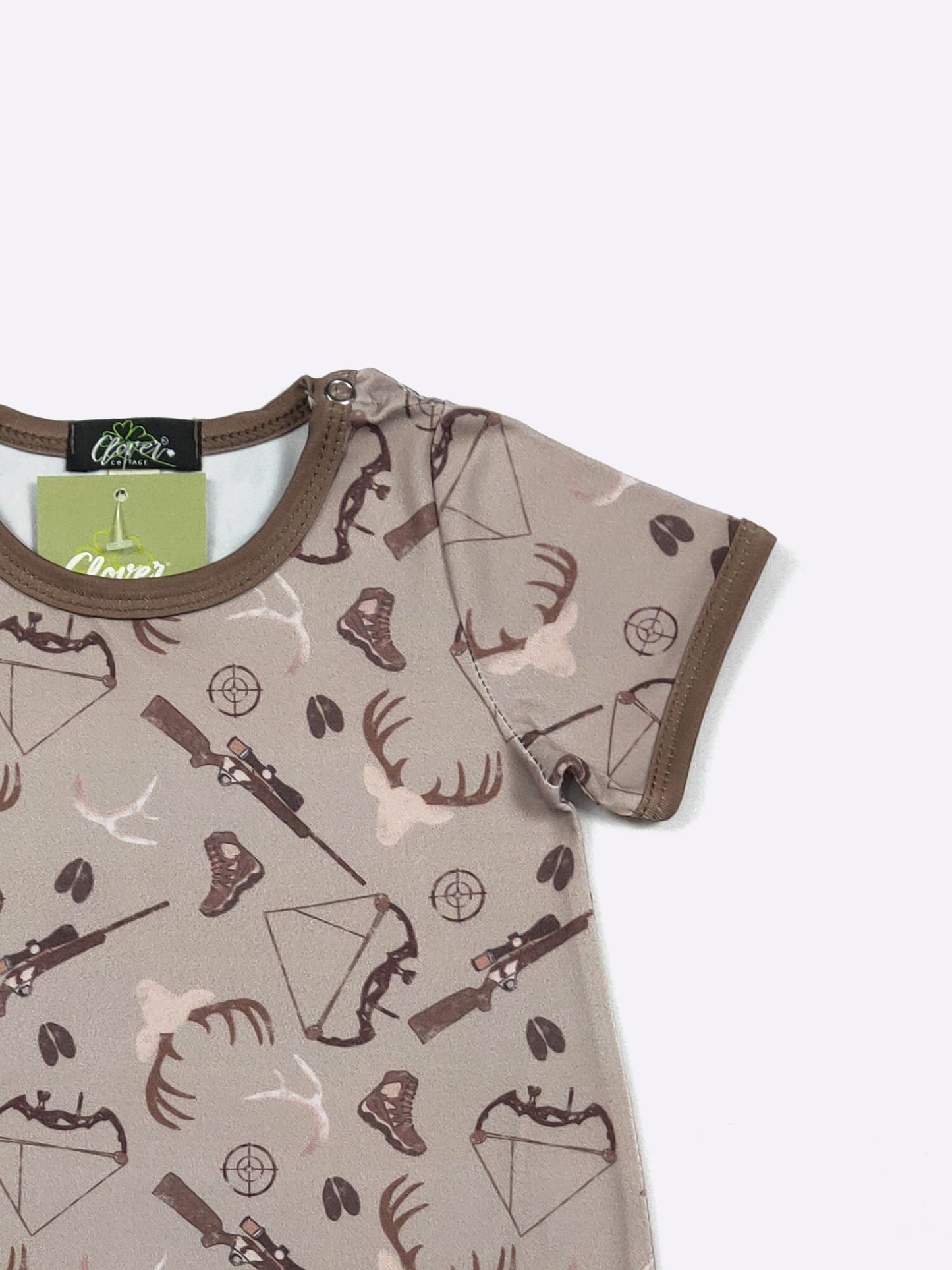 DeeDeer Hunt Boy Romper | Hunting Print Baby Boy Summer Romper Clover Cottage