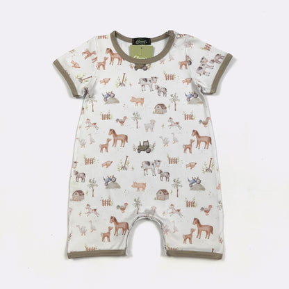 Mini Farm Baby Boy Romper – Short Sleeve Farm Animal One Piece Outfit