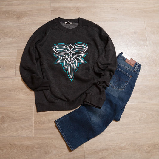 Charcoal Embroidered Geometric Crewneck – Western Inspired Sweatshirt