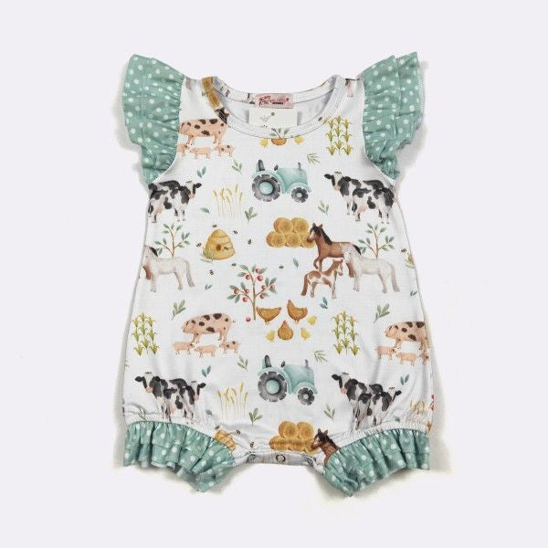 Hobby Farm Baby Romper | Boutique Farm Print Baby Romper by Clove Cottage