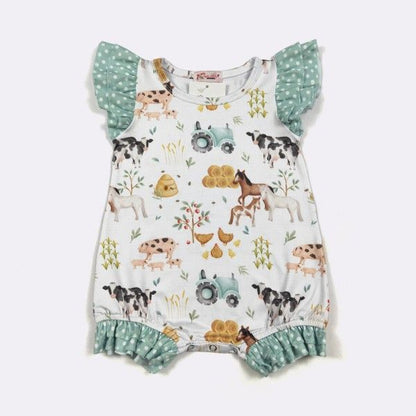 Hobby Farm Baby Romper | Boutique Farm Print Baby Romper by Clove Cottage