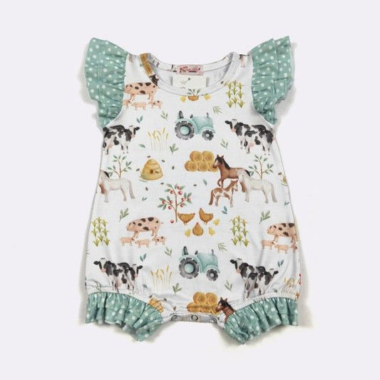 Hobby Farm Baby Romper | Boutique Farm Print Baby Romper by Clove Cottage