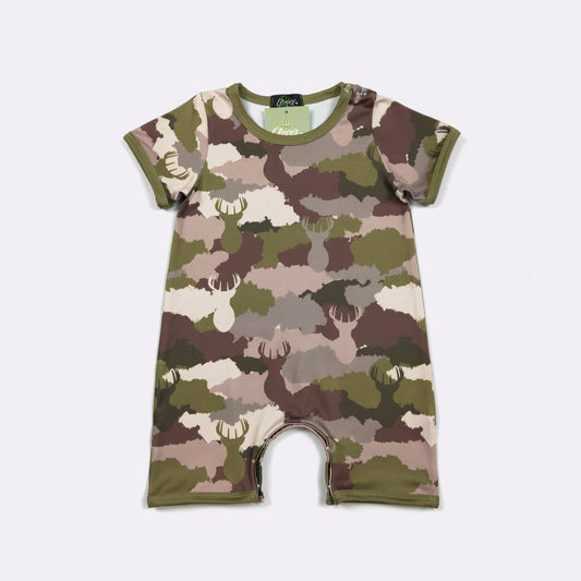 Deer Camo Boy Romper | Camo Deer Print Baby Boy Summer Romper by Clover Cottage