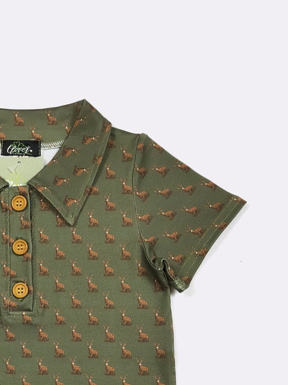 Hunter Green Buck Boy Collar Shirt – Deer Print Button Polo Shirt for Boys