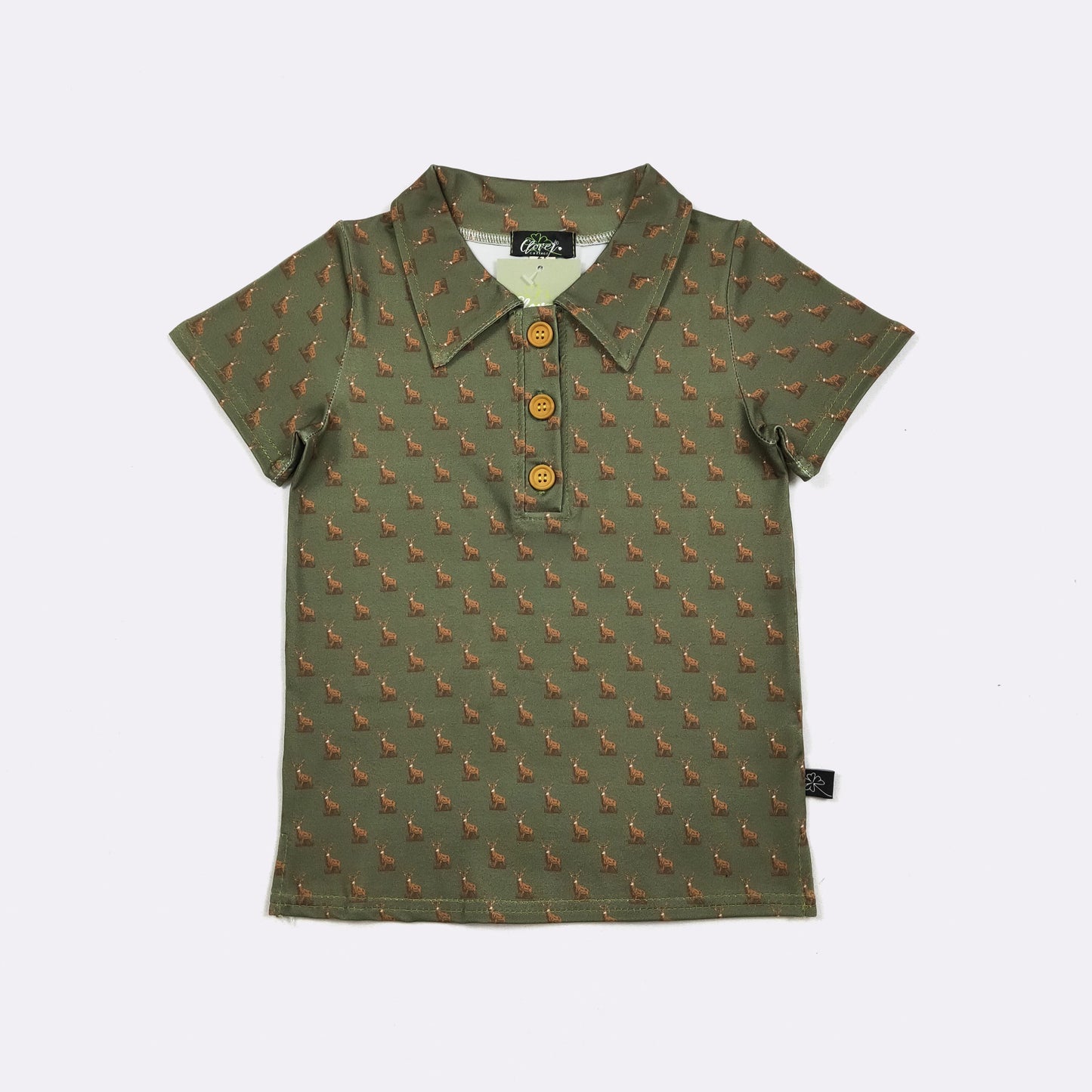 Hunter Green Buck Boy Collar Shirt – Deer Print Button Polo Shirt for Boys