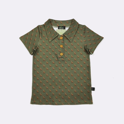 Hunter Green Buck Boy Collar Shirt – Deer Print Button Polo Shirt for Boys