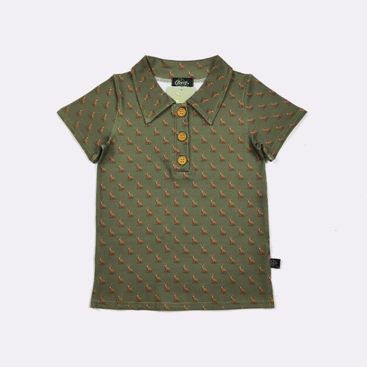 Hunter Green Buck Boy Collar Shirt – Deer Print Button Polo Shirt for Boys