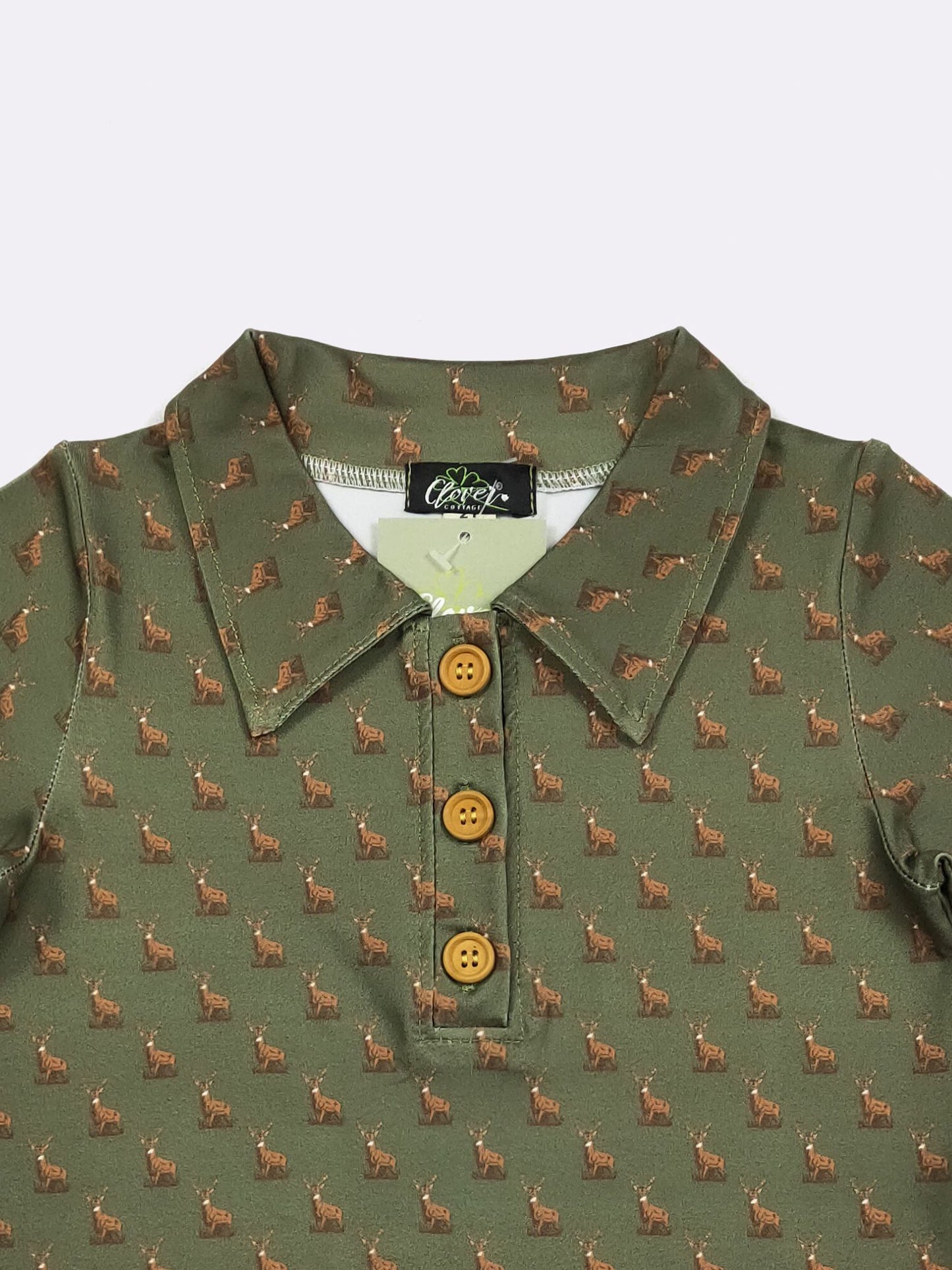 Hunter Green Buck Boy Collar Shirt – Deer Print Button Polo Shirt for Boys