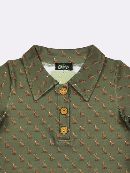 Hunter Green Buck Boy Collar Shirt – Deer Print Button Polo Shirt for Boys