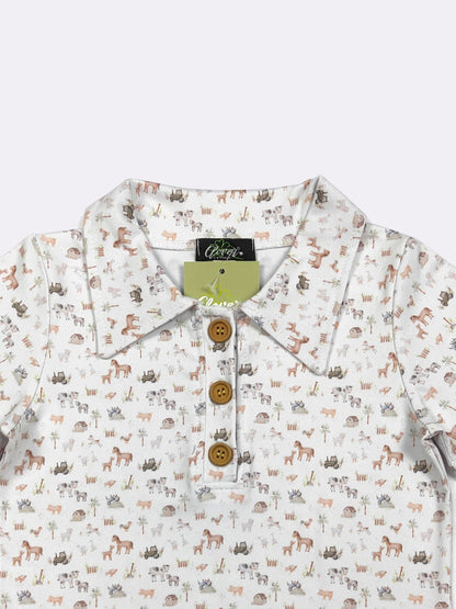 Mini Farm Boy Collar Shirt – Farm Animal Button Polo Shirt for Boys