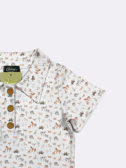 Mini Farm Boy Collar Shirt – Farm Animal Button Polo Shirt for Boys