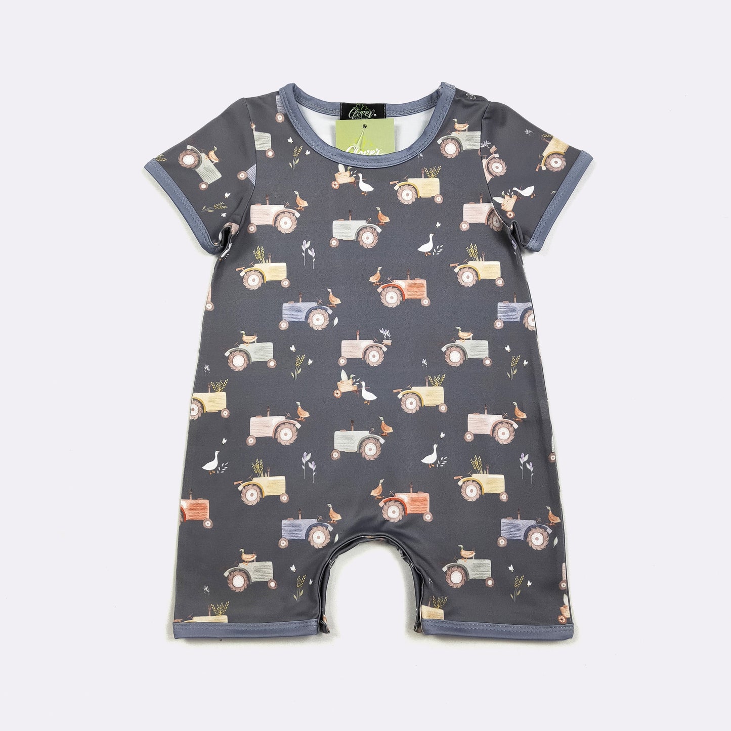 Navy Tractor Boy Romper | Tractor Print Baby Boy Summer Romper by Clover Cottage
