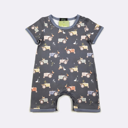 Navy Tractor Boy Romper | Tractor Print Baby Boy Summer Romper by Clover Cottage