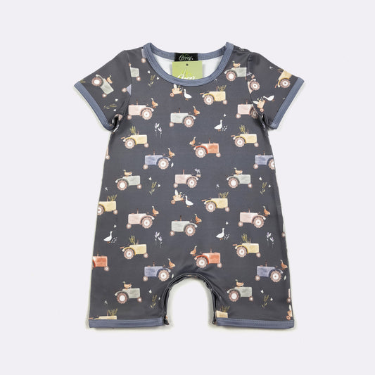 Navy Tractor Boy Romper | Tractor Print Baby Boy Summer Romper by Clover Cottage