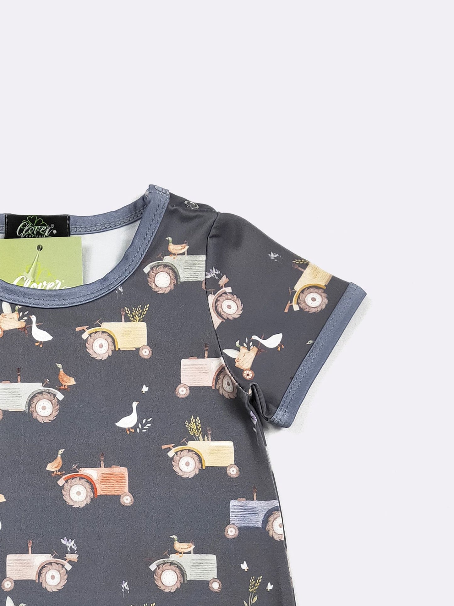 Navy Tractor Boy Romper | Tractor Print Baby Boy Summer Romper by Clover Cottage