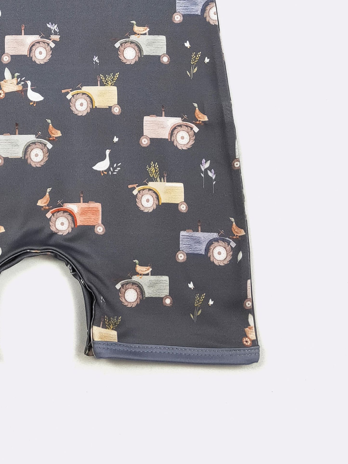 Navy Tractor Boy Romper | Tractor Print Baby Boy Summer Romper by Clover Cottage