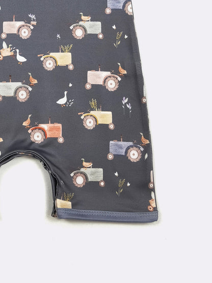 Navy Tractor Boy Romper | Tractor Print Baby Boy Summer Romper by Clover Cottage