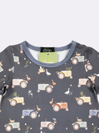 Navy Tractor Boy Romper | Tractor Print Baby Boy Summer Romper by Clover Cottage