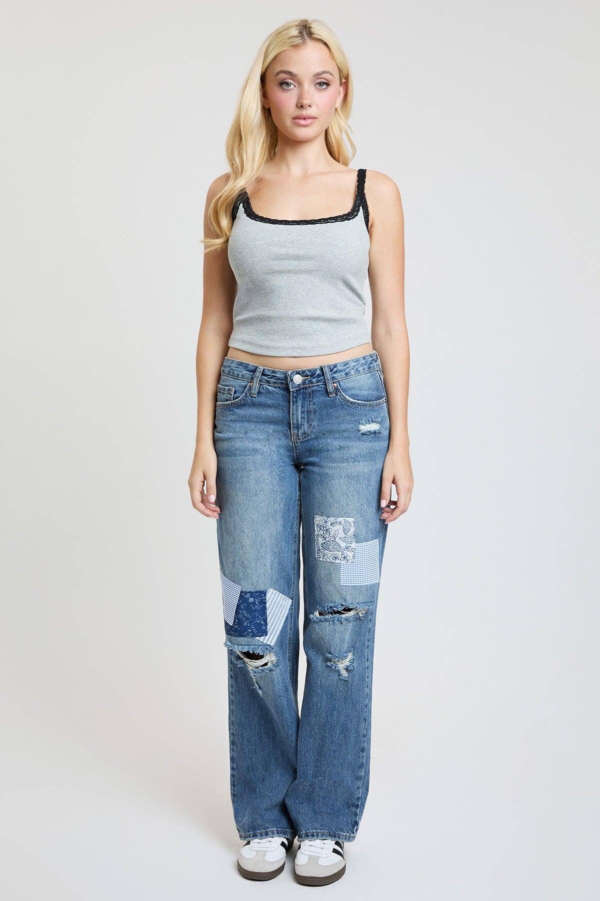 Brittany Patchwork Wide Leg Jeans | YMI Low Rise Rigid Denim