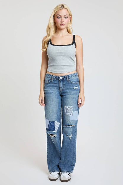 Brittany Patchwork Wide Leg Jeans | YMI Low Rise Rigid Denim