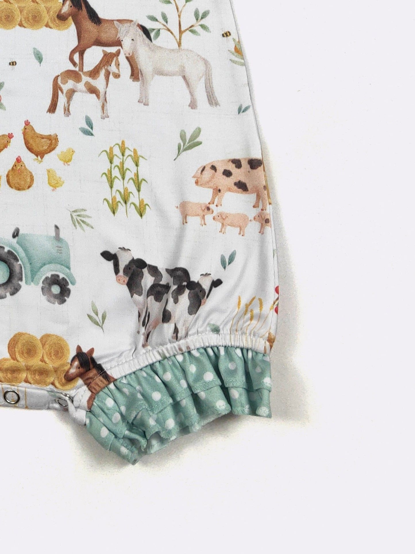 Hobby Farm Baby Romper | Boutique Farm Print Baby Romper by Clove Cottage