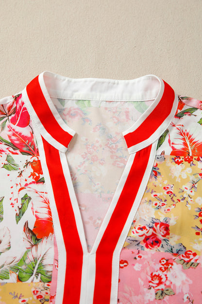 Pink Floral Contrast Trim V-Neck Blouse | Puff Sleeve Boutique Top