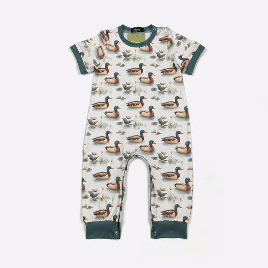 Morning on the Pond Boy Romper | Duck Print Baby Boy Boutique Romper b Clover Cottage