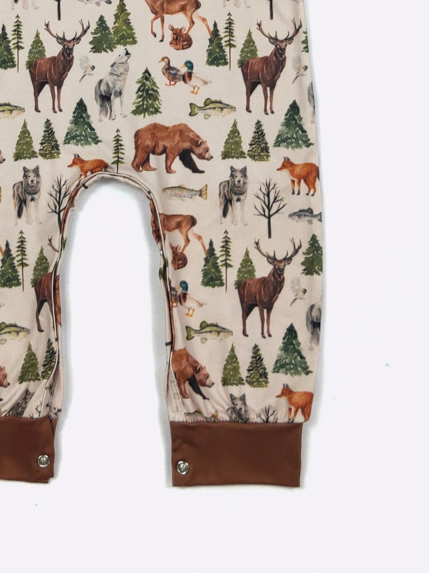 LS Backwood Boy Romper | Woodland Print Baby Boy Boutique Romper by Clover Cottage