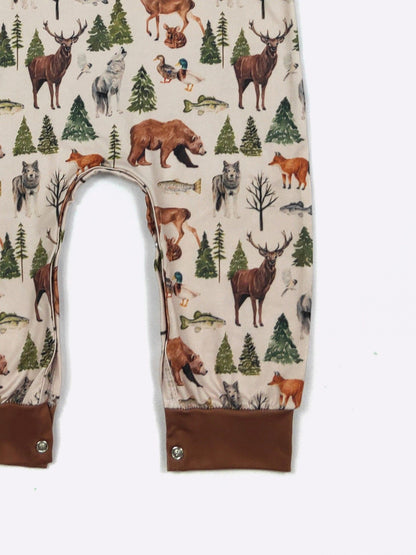 LS Backwood Boy Romper | Woodland Print Baby Boy Boutique Romper by Clover Cottage