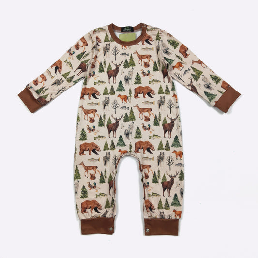 LS Backwood Boy Romper | Woodland Print Baby Boy Boutique Romper by Clover Cottage