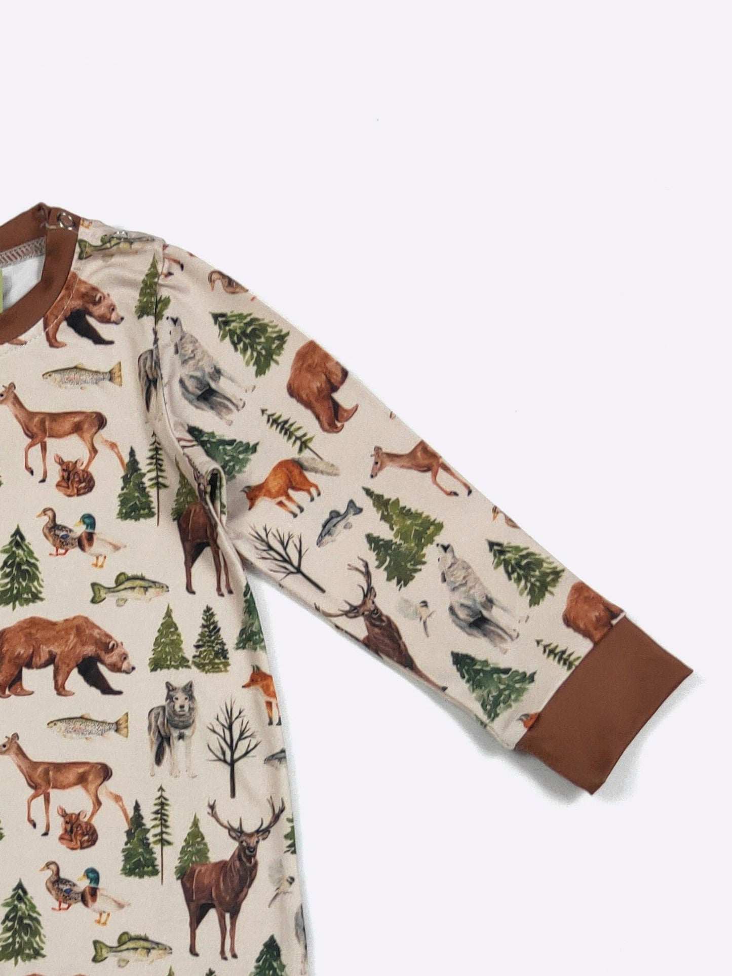 LS Backwood Boy Romper | Woodland Print Baby Boy Boutique Romper by Clover Cottage