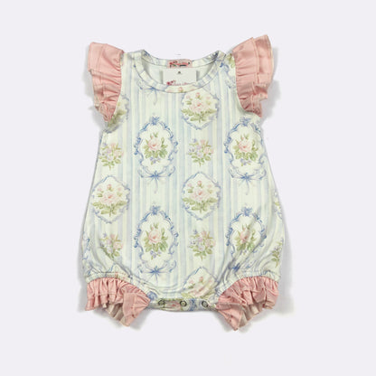 Vintage Rose Portrait Baby Romper | Floral Ruffle Sleeve Baby Girl Outfit