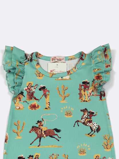 Roping & Ruffles Baby Romper | Boutique Baby Girl Cowgirl Romper by Clover Cottage