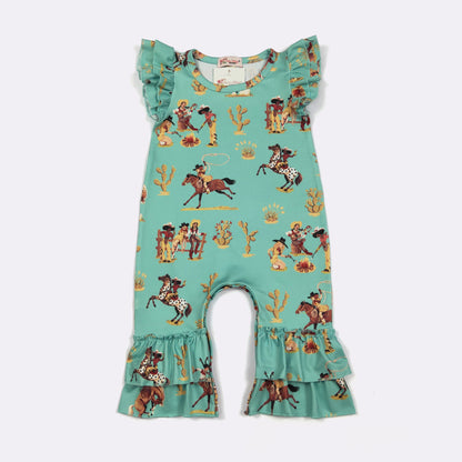 Roping & Ruffles Baby Romper | Boutique Baby Girl Cowgirl Romper by Clover Cottage