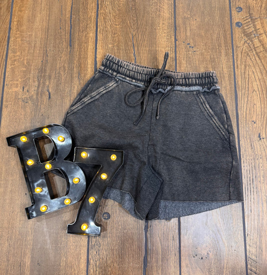 ACID WASH FLEECE DRAWSTRING SHORTS WITH POCKETS by Zenana