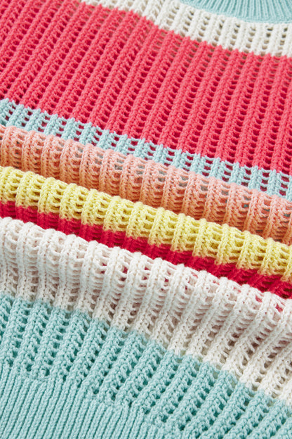 Coastal Candy Colorblock Sweater – Lightweight Open Knit Short Sleeve Summer Top