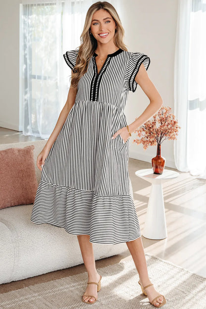 ~PREORDER~ Black & White Stripe Ruffle Sleeve Midi Dress ~PREORDER~