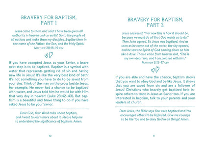 “Cover of 3-Minute Devotions for Courageous Girls by JoAnne Simmons”

“Inside page showing scripture, devotion, and prayer layout”

“Pocket-size devotional book for girls ages 8-12”