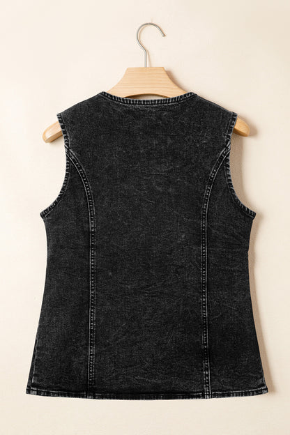 ~PREORDER ~ Black Denim Button Front Slit Vest ~PREORDER ~