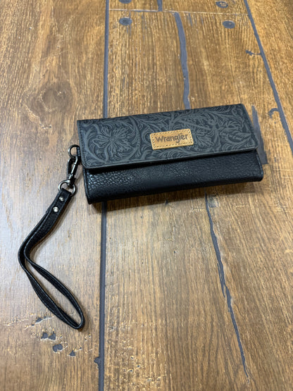Wrangler Western Floral Tooled Tri‑Fold RFID Wallet/Wristlet – Compact & Chic