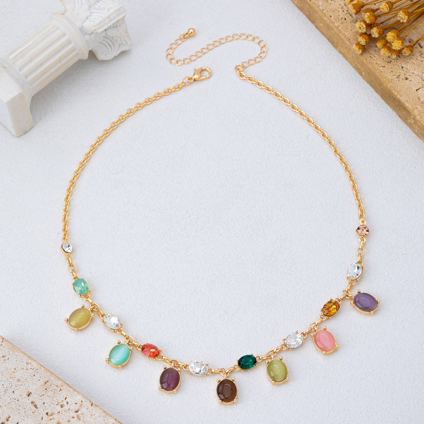 Rainbow Cat’s Eye Charm Necklace | Gold Multi-Color Stone Statement Necklace