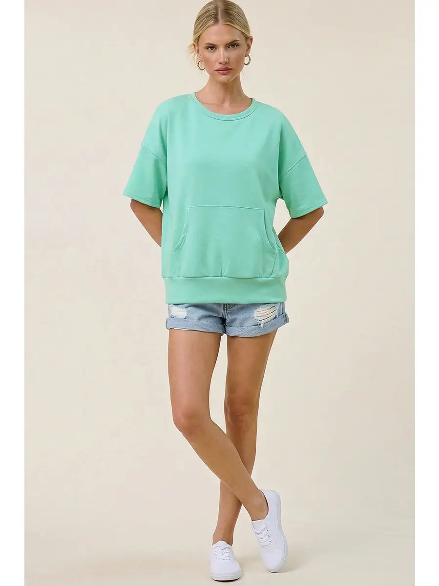 Athleisure Scuba Short Sleeve Top with Kangaroo Pocket – Relaxed Fit Charlotte Avery Top