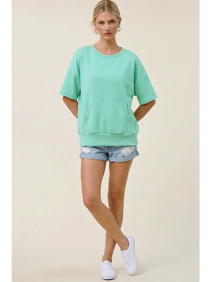 Athleisure Scuba Short Sleeve Top with Kangaroo Pocket – Relaxed Fit Charlotte Avery Top