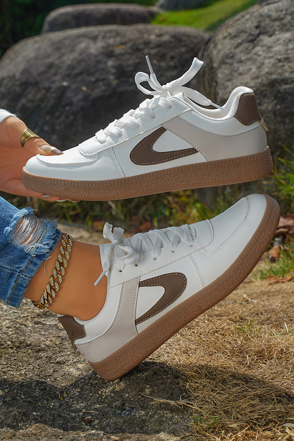 Contrast PU Leather Lace-Up Sneakers – Casual Street Style