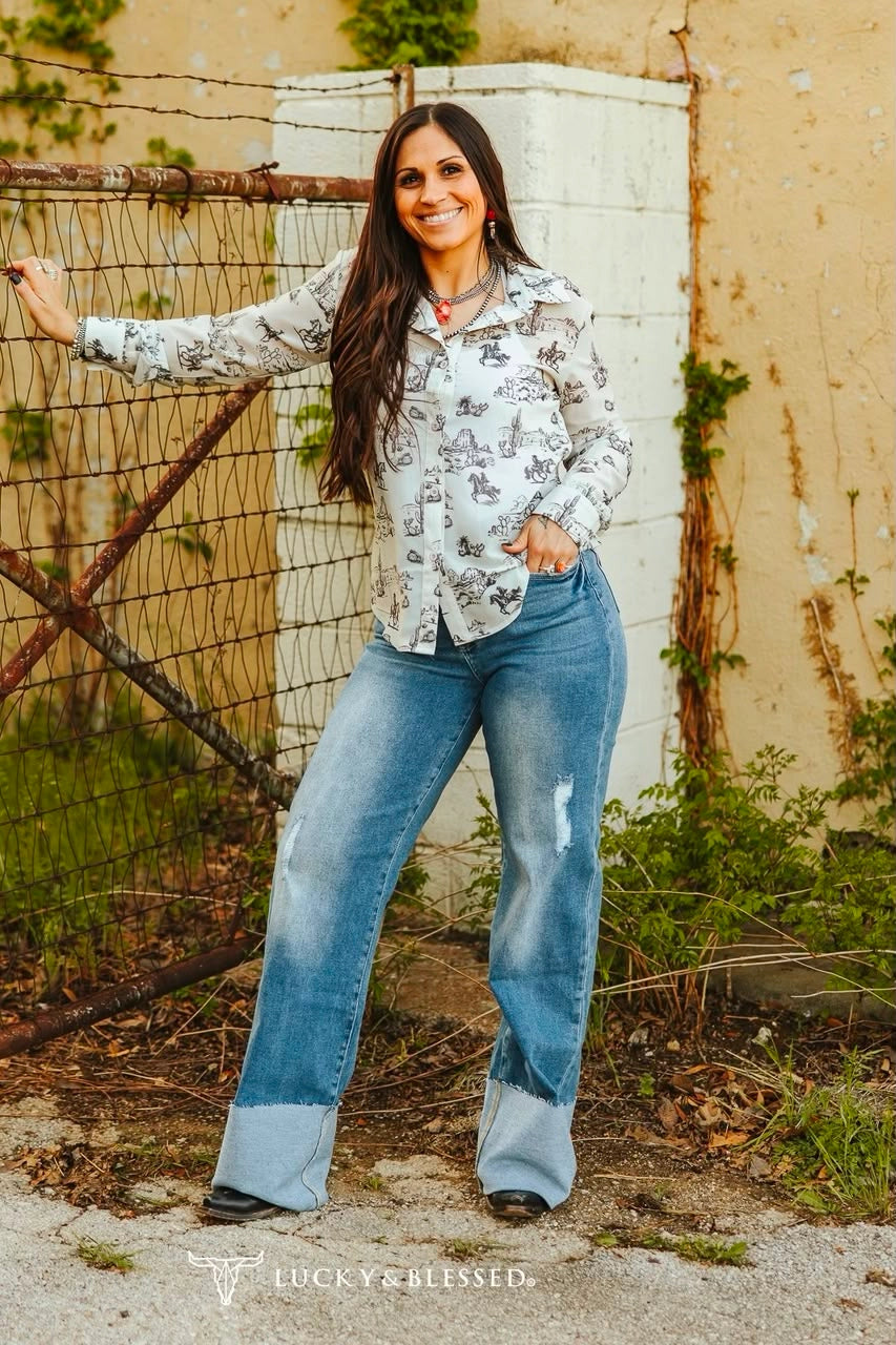 Mid Wash High Rise Cuffed Trouser Jeans | Lucky & Blessed Western Wide Leg Denim