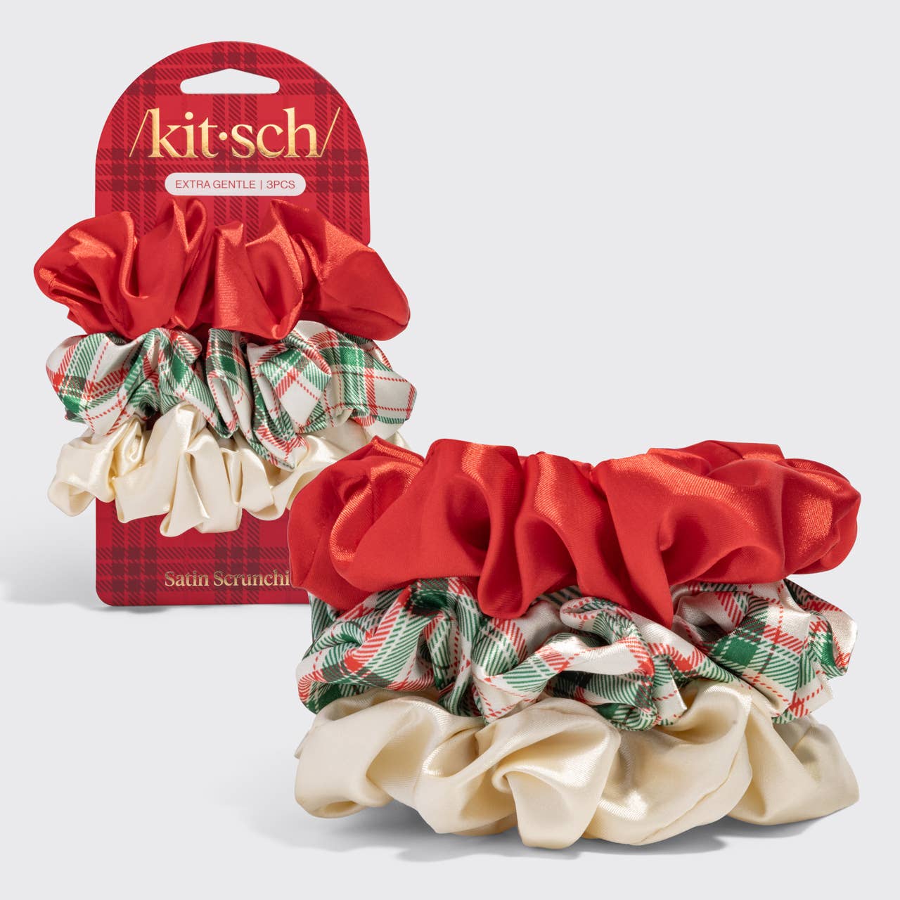 Kitsch Holiday Scrunchies 3pc Set | Red Ivory & Plaid Festive Hair Ties